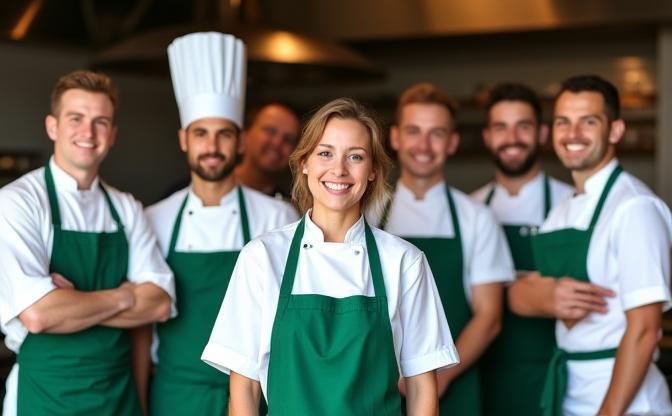 Photo de l'équipe de Livraison Gourmande avec des chefs et livreurs souriants